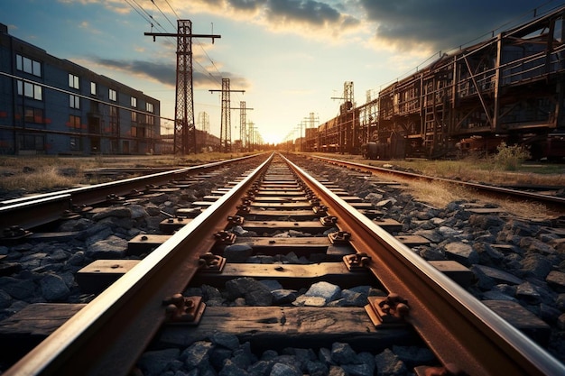 a train track with a sunset in the background