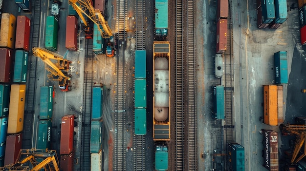 a train track with a yellow and blue train on the top of it