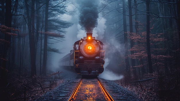 a train on a track in the woods