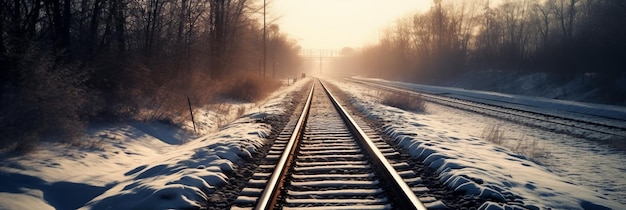 The train tracks are covered in snow and the sun is shining.