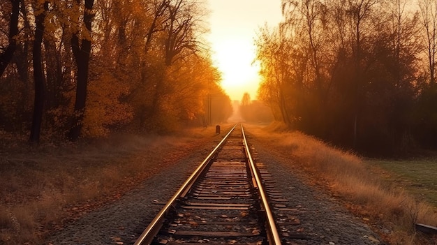 Train tracks in the fall with a sunset in the background