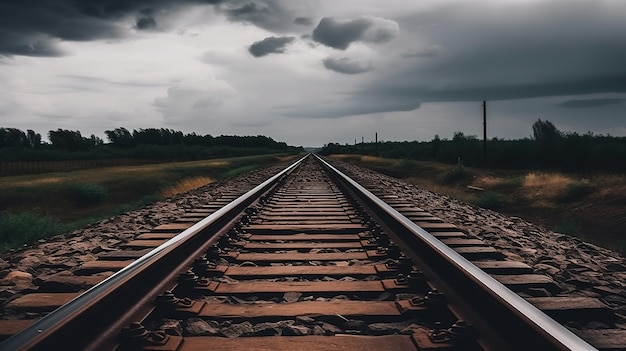 Train tracks with a cloudy sky in the background