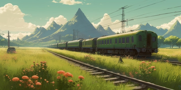 A train on the tracks with mountains in the background