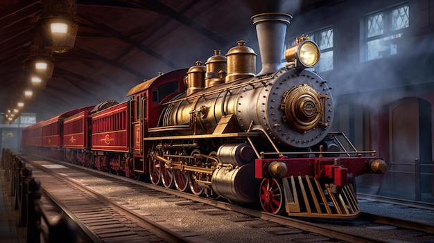 A train in a train station with a red train on the front.