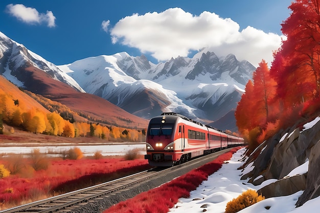 Train traveling in the autumn mountains Railway through the autumn forest