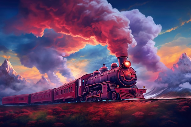 A train traveling down train tracks next to a lush green field Smoke from the chimney of a retro train