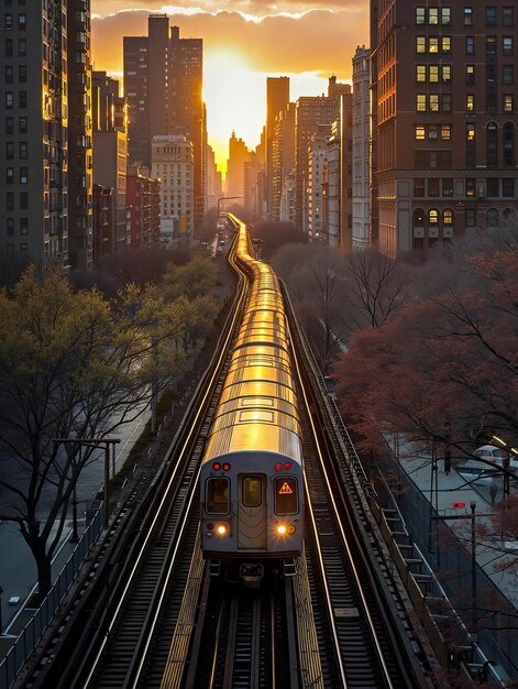 A train traveling through a city next to tall buildings