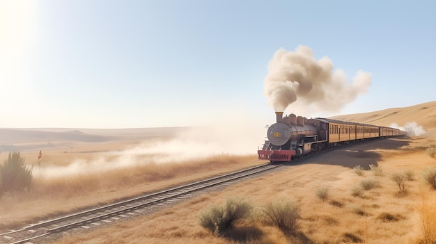 a train traveling through a desert under a blue sky with white fluffy puffy clouds in the distance