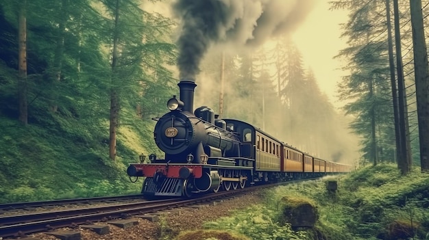 A train traveling through a lush green forest Generative ai