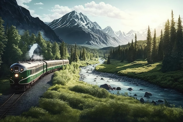 Train traveling through lush green valley with mountains in the background