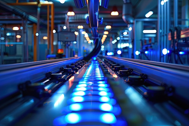 A train traveling through a train station at night