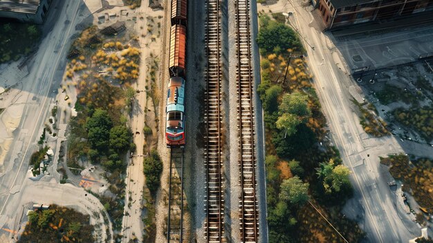 Photo a train travelling on a track viewed from directly overhead