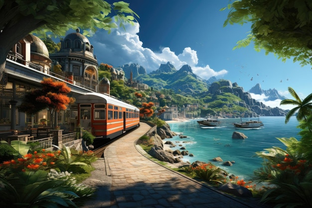 Train travels along the seashore against the backdrop of the urban landscape and the old town