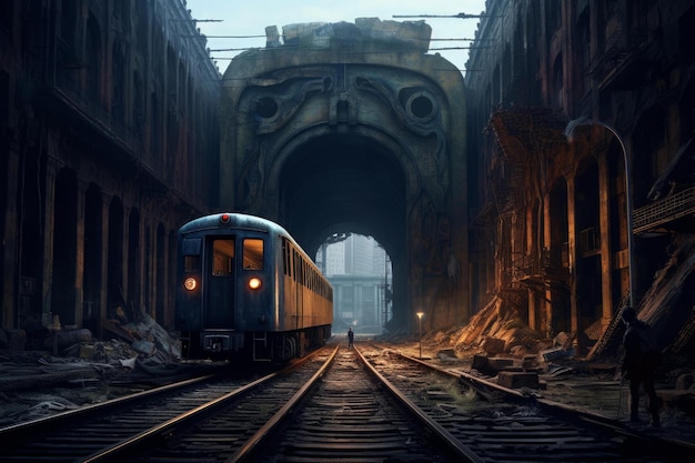 A train in a tunnel with a large hole in the middle.