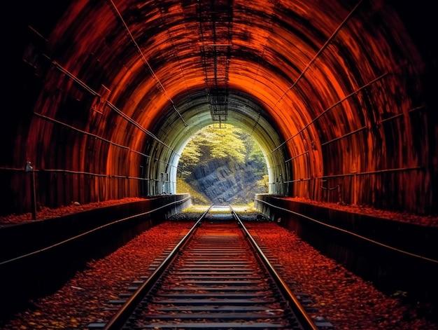 A train tunnel with a light at the end of it