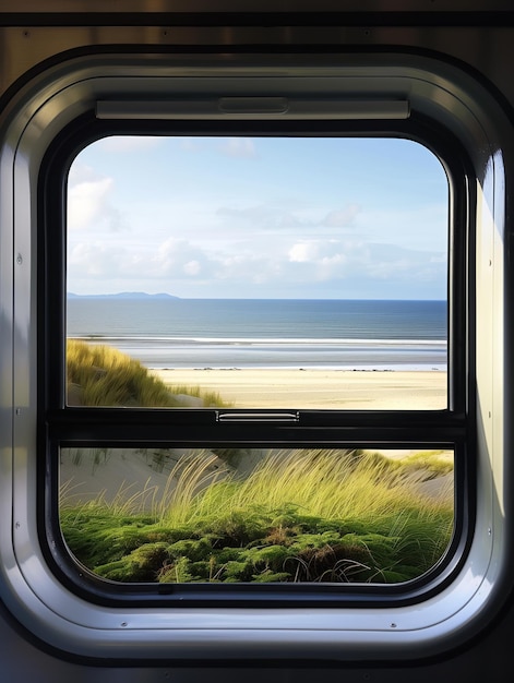 Train window view of sandy beach with people enjoying day under clear blue sky Scenic coastal landscape with grassy shore and distant sea horizon Perfect for travel agency and tour promotional use