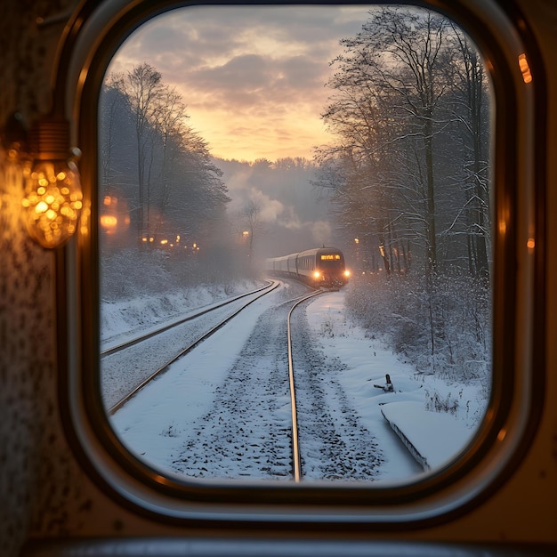 Photo a train window with a view of a snowy landscape