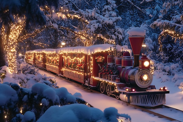 a train with christmas lights on the front and the word  merry christmas  on the front