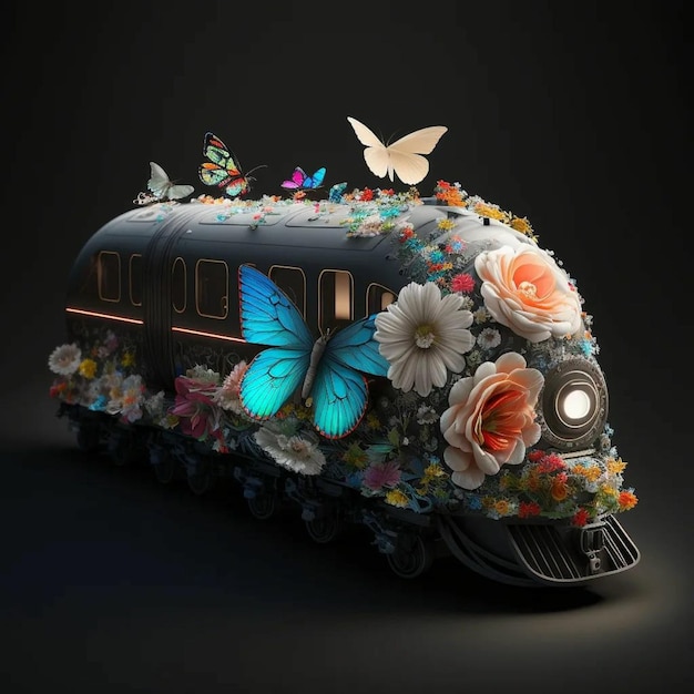 A train with flowers on the front and a butterfly on the front.