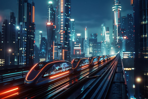 A train with glowing orange lights travels through a futuristic cityscape at night