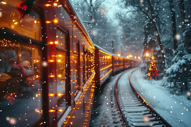 Photo a train with lights on the tracks and a christmas tree in the background