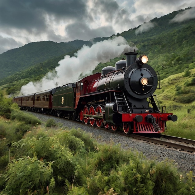 Photo a train with the number 3 on the front is going down the tracks