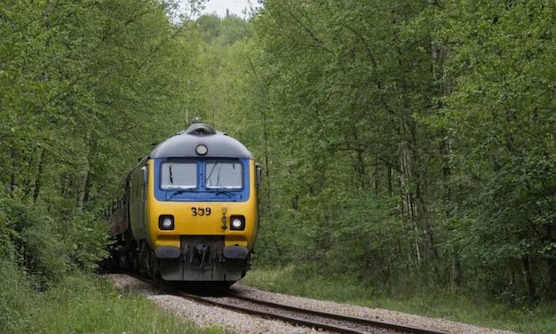 Photo a train with the number 37 on the front is going down the tracks