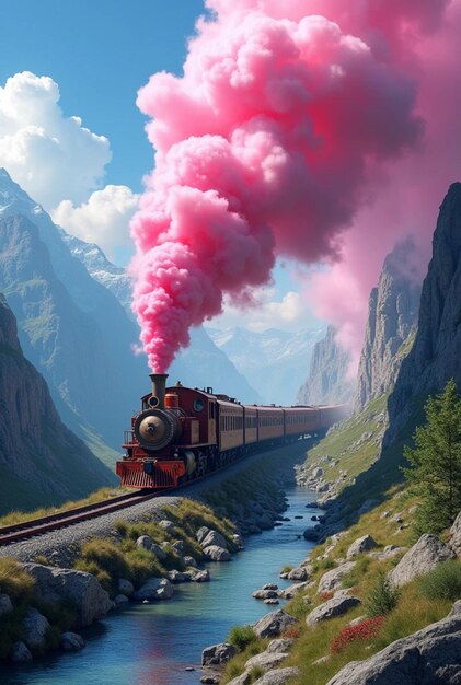 Photo a train with pink smoke coming out of its and going down a mountain