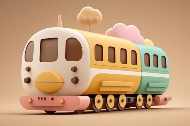 A train with a rainbow - colored roof and a pink and yellow train with a pink tail.