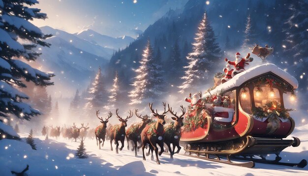 Photo a train with reindeer and reindeer with a christmas tree on the top