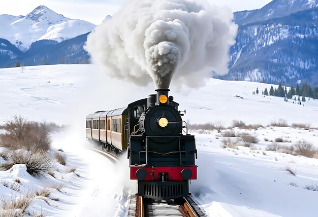 Photo a train with smoke coming out of it is going down the tracks