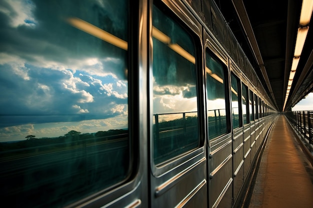 a train with the windows open and the sky is cloudy