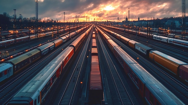 Photo a train yard with many trains and a lot of cargo