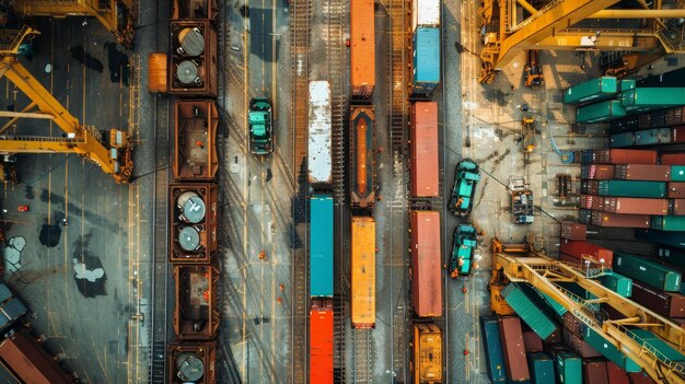 a train yard with a yellow and red container on the top of it