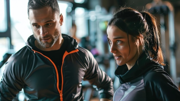 Photo trainer guiding client at the gym