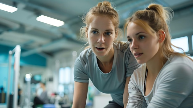 Photo trainer in a health center helps woman perform stretching exercises generative ai