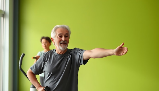 Photo trainer helping senior people exercise isolated with white highlights