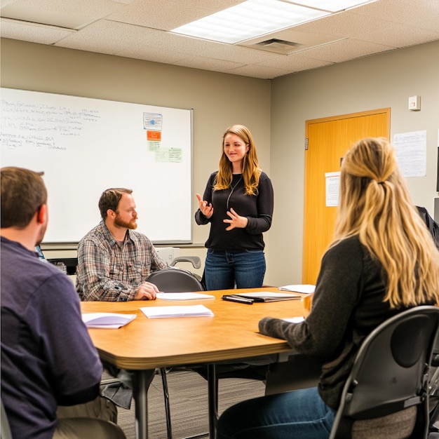 Trainer providing feedback to employees during a roleplaying exercise