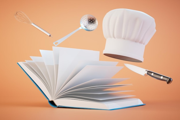 Training in culinary arts open book cooks hat ladle knife whisk on a pastel background 3D render