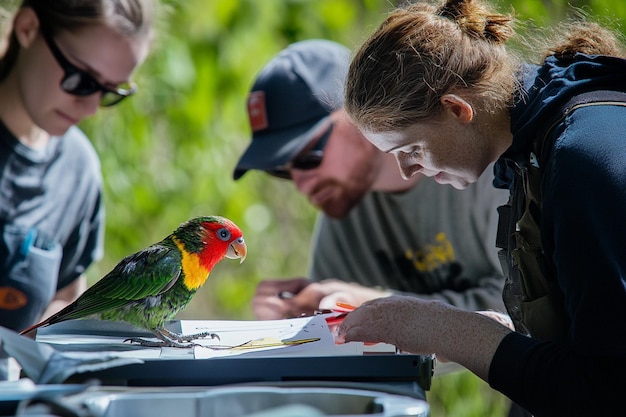 Photo training volunteers in bird identification techniq generative ai