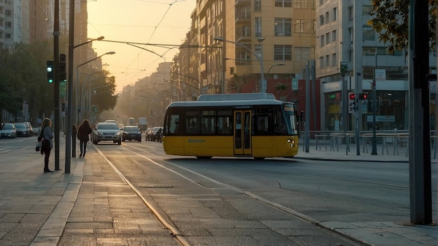 Tram approaching in the evening light