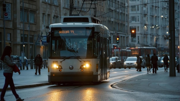 Tram approaching in the evening light