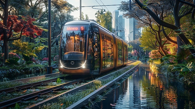 a tram is going down the tracks in the city