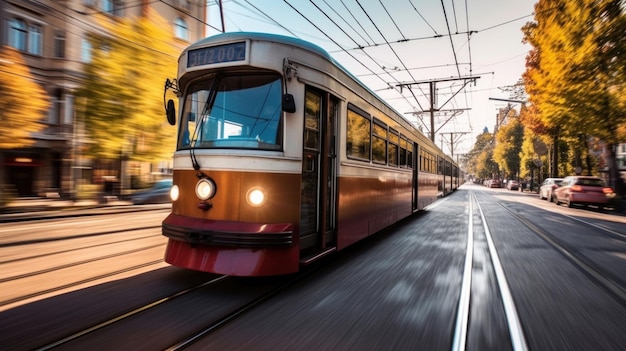 A tram rides down the street city