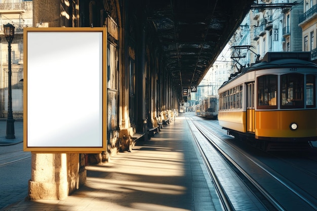 Photo tram station with white poster for advertising mockup template