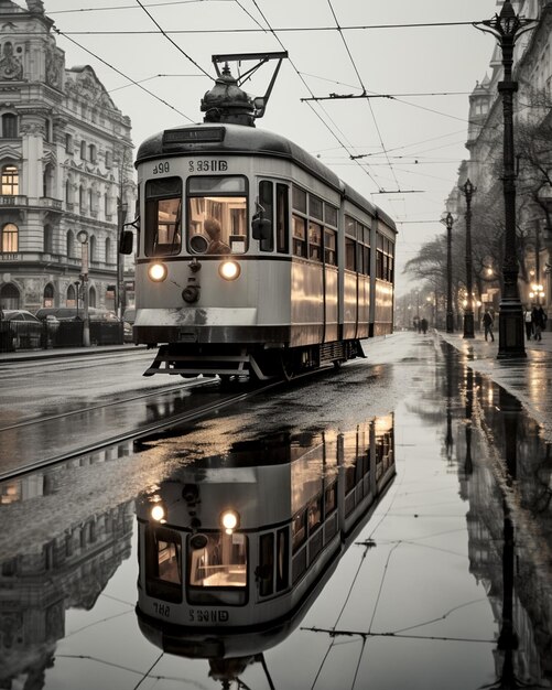 Photo tram traveling down a street style