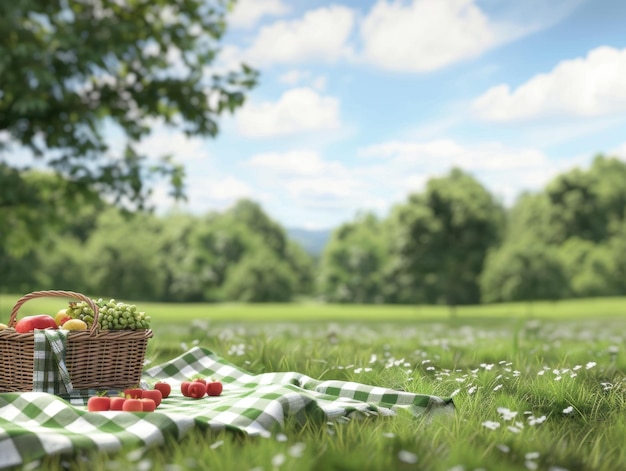 Tranquil Afternoon Picnic in a Lush Green Meadow Under a Clear Blue Sky