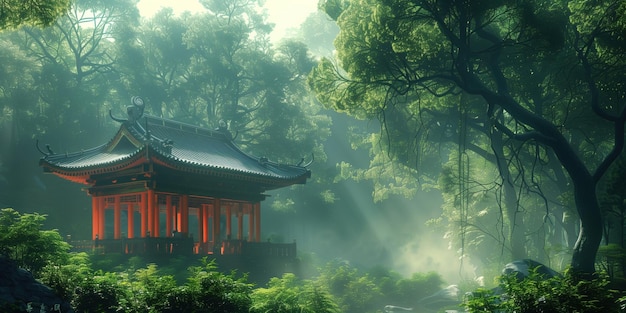 Tranquil Asian Pavilion Nestled in Misty Forest Landscape