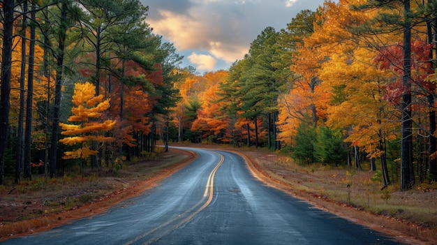 Tranquil Autumn Drive Scenic Road with Colorful Trees on Sunny Day Perfect for Photography