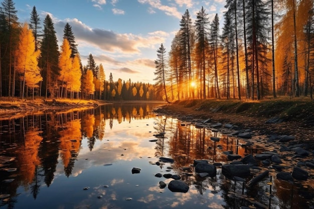 Tranquil autumn forest reflects beauty in nature